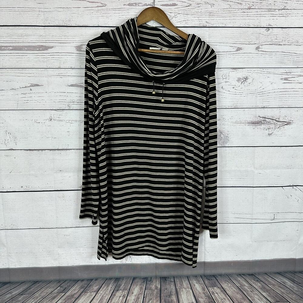 Chicos Shirt Womens‎ Large 2 Black Gold Striped Sparke Funnel Zenergy